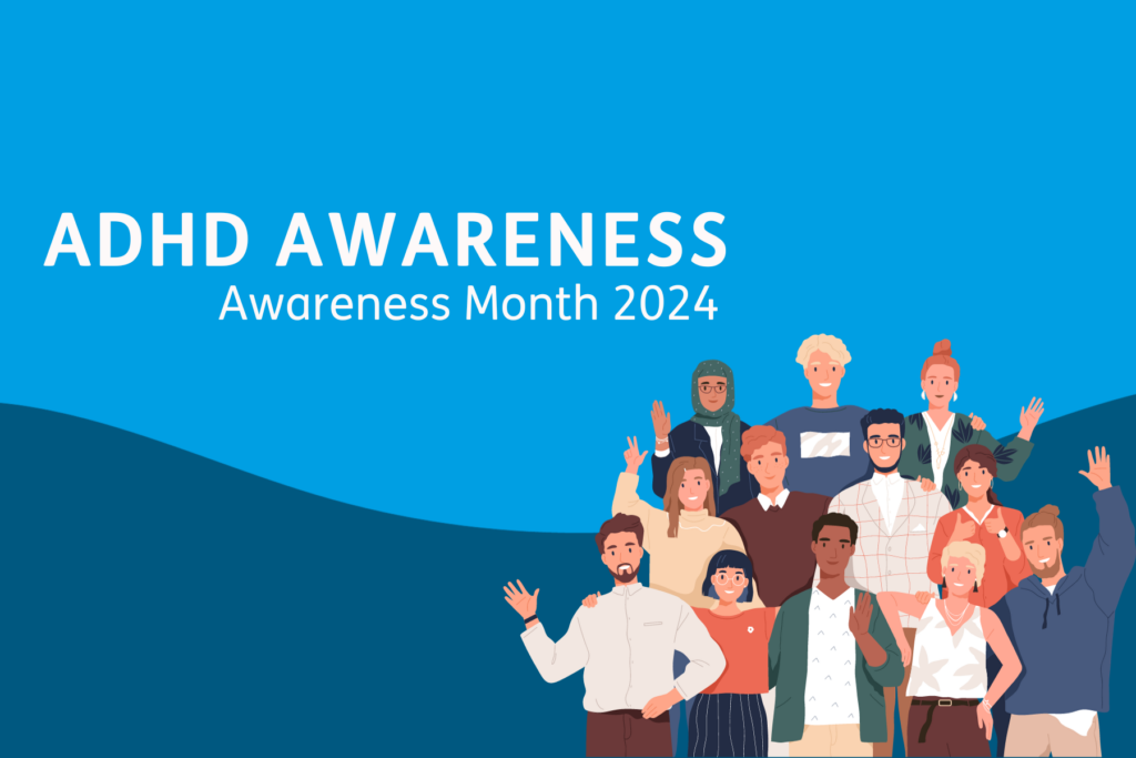 Image showing ADHD Awareness Month 2024 with a group of cartoon people